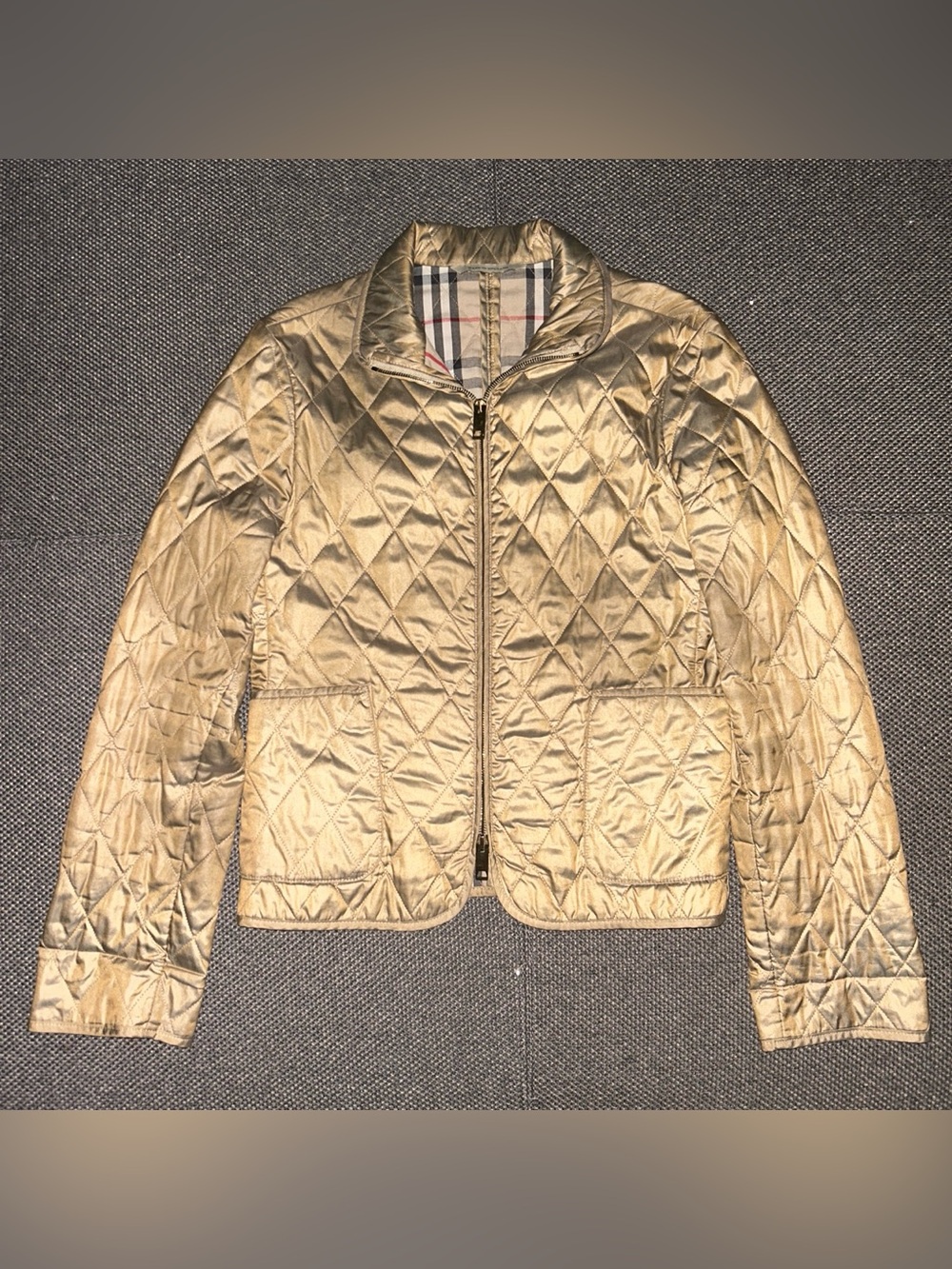Burberry Quilted Metallic Gold Full Zip Jacket with Plaid Lining